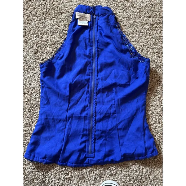 Vintage Laurence Kazar Blue Silk Hand Sequined‎ Halter Top Sz Small 90's Retro - Image 10