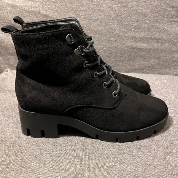 Black Suede Lace Up Combat Boots Chunky Heel Womens Size 7‎ - Image 2