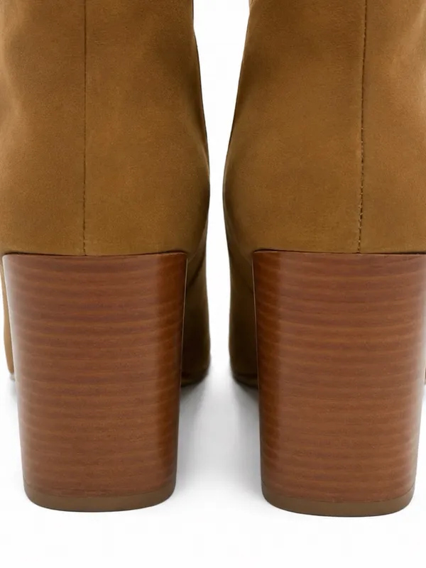 Camel Pointed Toe Mid Calf Block Heel Boots Leather Upper Size 9.5M Tan - Image 6