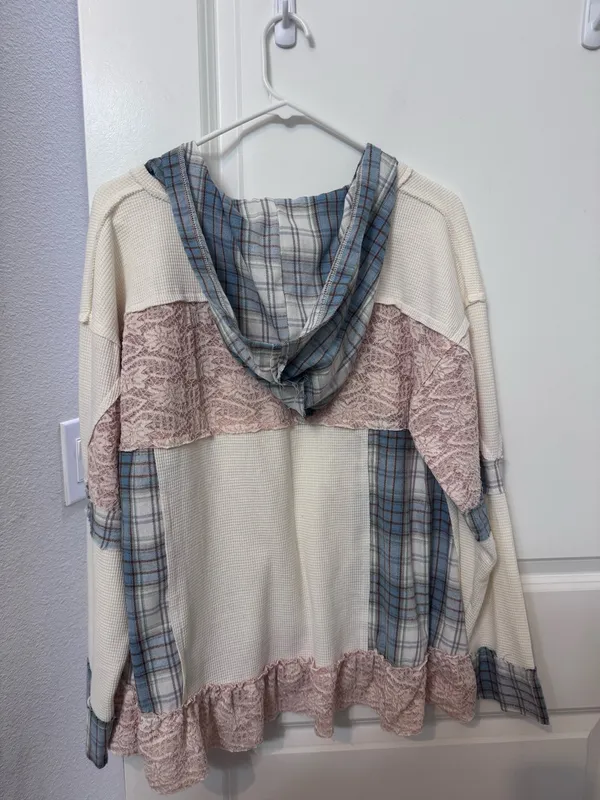POL Cream Long Sleeve Top with Dusty Rose Lace & Blue Plaid Trim Hoodie - Image 2