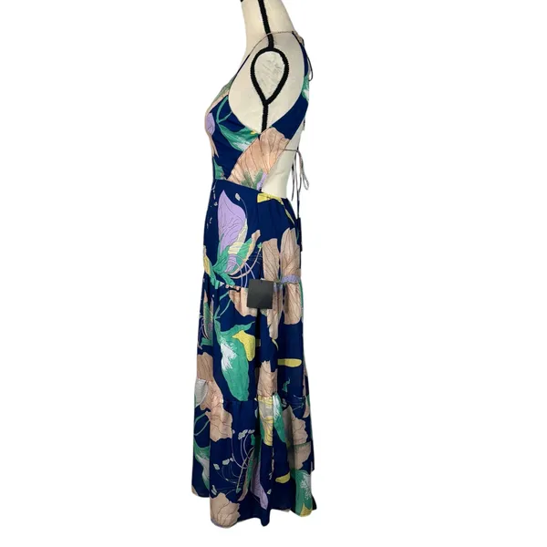 Lulus X-Small Halter Maxi Dress Floral Lined V-Neck Tiered Open Back Blue Multi - Image 9