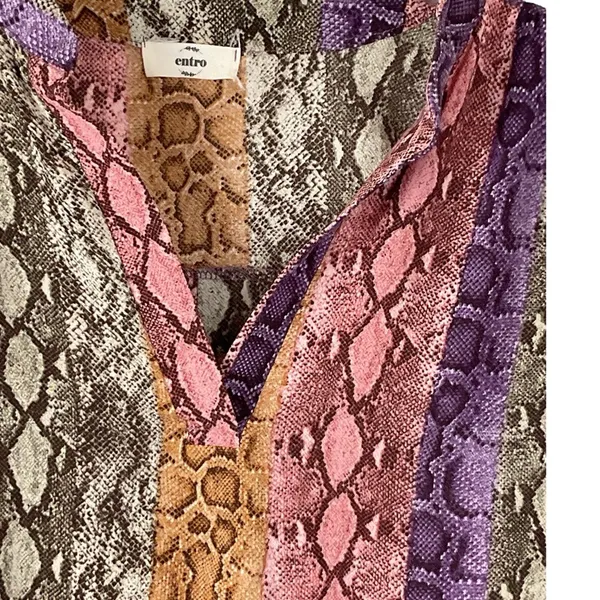 Entro Womens Multi Color Snakeskin‎ Striped Roll Tab Sleeve V-Neck Blouse Top - Image 3