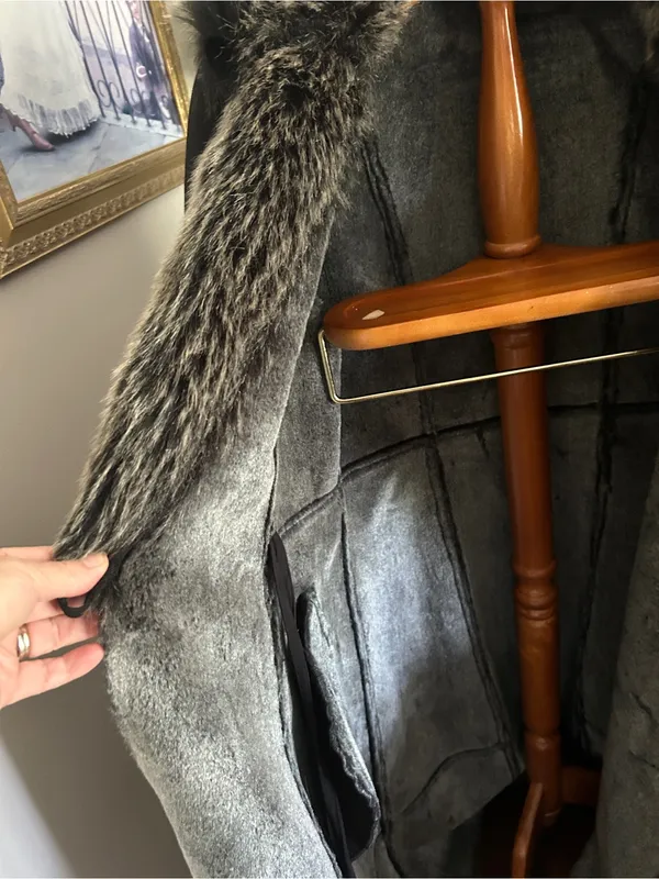 Vintage Platinum utex Black Faux-Fur Trim Long Trench Warm Coat Sz L - Image 5