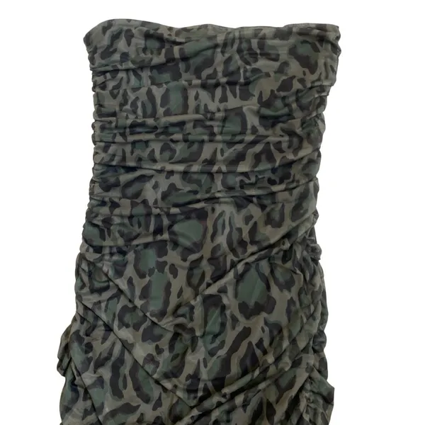 Steve Madden Mesh Tube Dress Army Green Leopard Print Ruched Midi DP28483F ‎ M - Image 2
