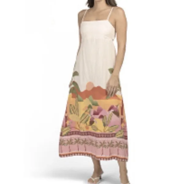 New Paper Heart Strapless Maxi Dress Linen Tropical Palm Print Resort Size Small - Image 4