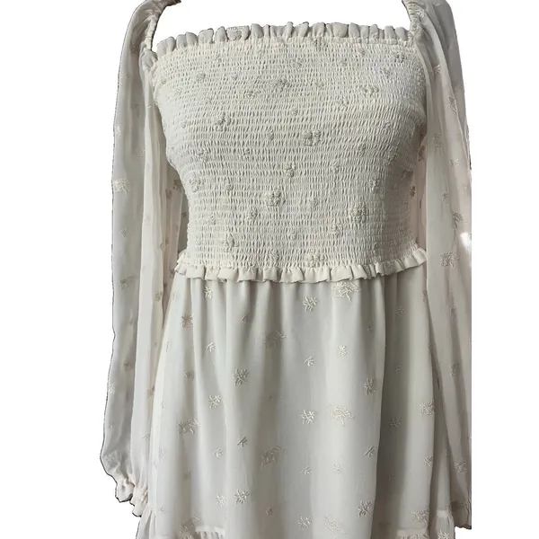 Aritzia Wilfred Tempest Smocked Chiffon Embroidered Mini Dress in Ivory Medium - Image 5