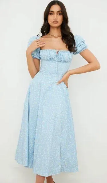 House Of CB 'Tallulah' Blue Ivory Floral Puff Sleeve Midi Dress. Size Medium - Image 7