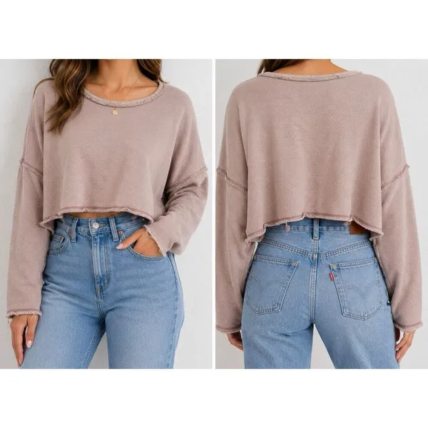 Free Est Free People Pink Raw Hem Cropped Sweatshirt Pullover Medium - Image 2