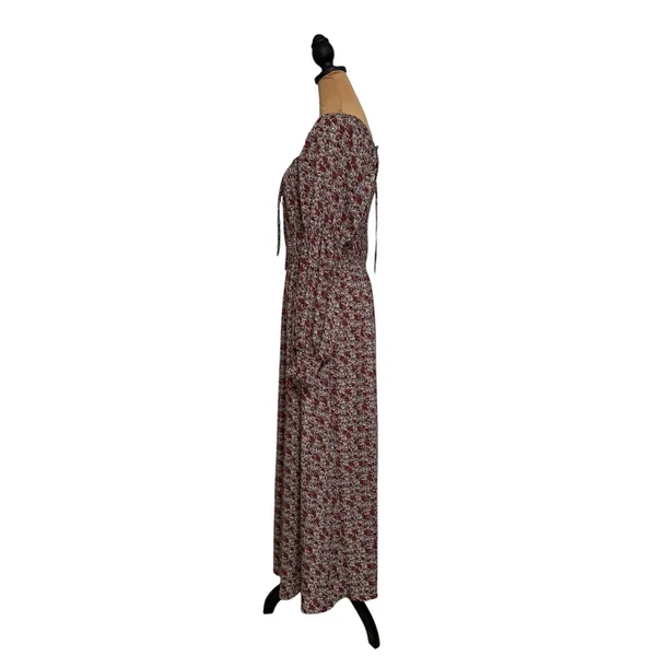 Promesa Floral Maxi Dress Burgundy Long Sleeve Square Neck Smocked Back Large - Image 3
