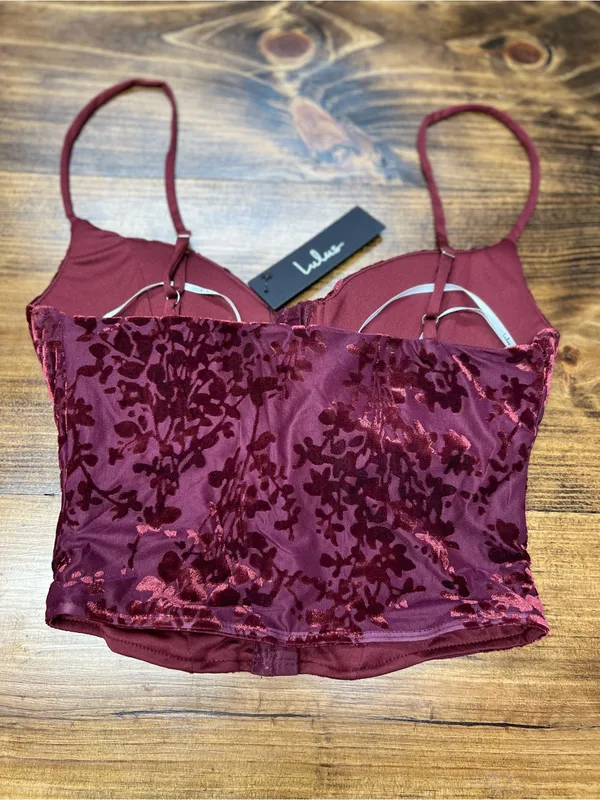 Lulus Burgundy Velvet Burnout Corset Top Size Small NWT - Image 3