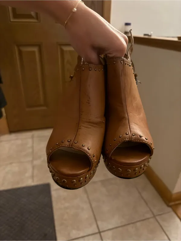Wild Diva Brown Studded Peep-Toe Platform Slingback Heels - Image 2