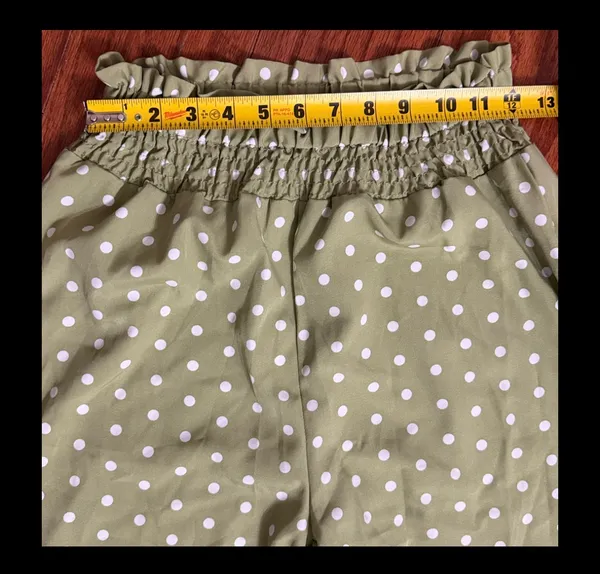 Shein Olive Green high waste Polk dot wide leg pants - Size Small with Bag. Gently warn once and excellent condition. Measurements approximately 12” waste not fully stretched out from elastic waste band x 12” rise x 43” long. None smoking home. Priced to sell at as is condition. Don’t like my price, make reasonable offer. - Image 5