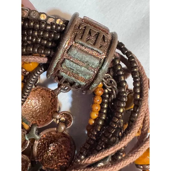 Brown Multi Strand Beaded Necklace Statement Pendant Boho Tribal 11” - Image 5