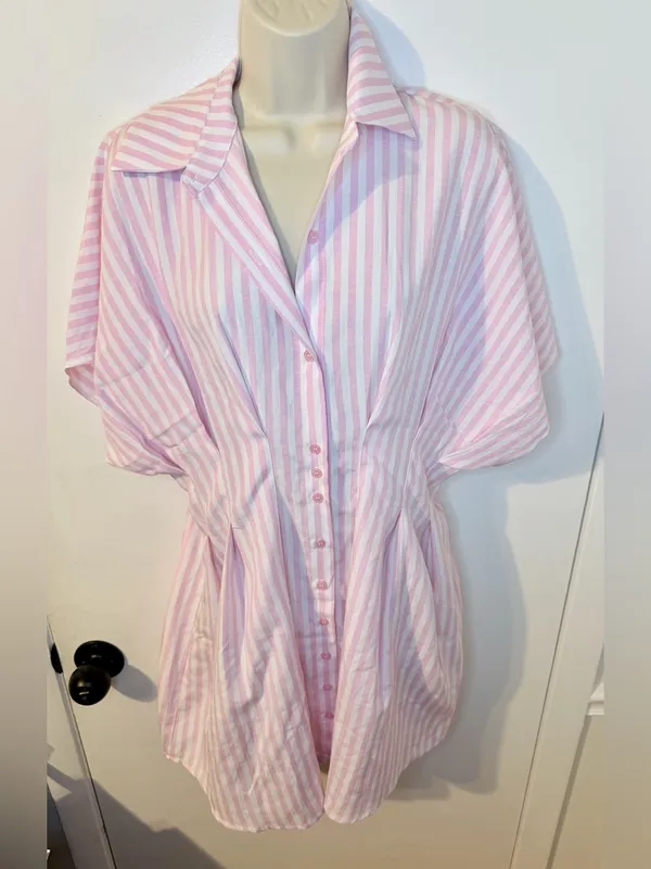 NWT COMMENSE Pink White Striped Shirt Dress L Collared Button Down - Image 4
