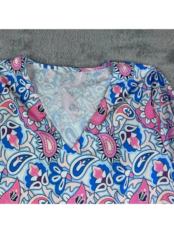 V-Neck Paisley Print Maxi Dress With Long Sleeves Pink & Blue Lightweight Fabric - Image 6