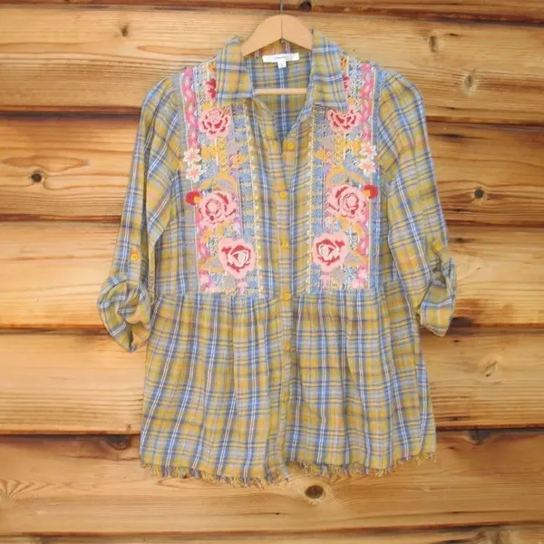 Plaid Embroidered Flannel Shirt Top - Image 2