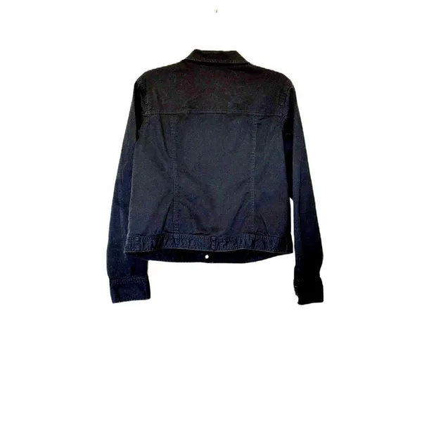 Black Denim Trucker Jacket Womens Large Fitted Button Up Grunge Goth Streetwear - Image 3