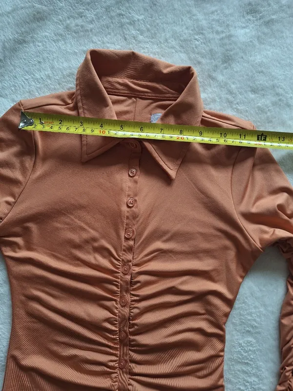 Oh Polly Caramel Ruched Long Sleeve Shirt Mini Dress US 4 - Image 6