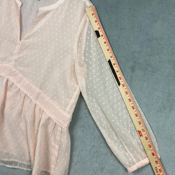 LOFT Women Sz Medium Pale‎ Pink Clip Dot V-Neck Peplum Blouse Sheer Long Sleeve - Image 6