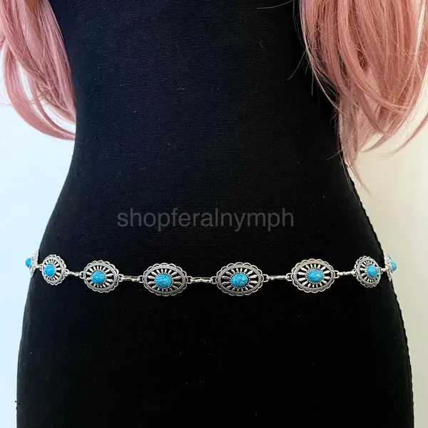 Silver Turquoise Sunburst Concho Chain Belt, Fits 25-44 Inches, X7GA1352 - Image 6