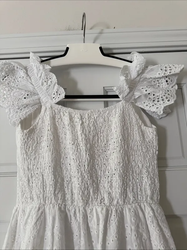 Made in Italy White Eyelet Ruffle Strap Bustier Cinched Line Dress 100% Cotton - Image 7