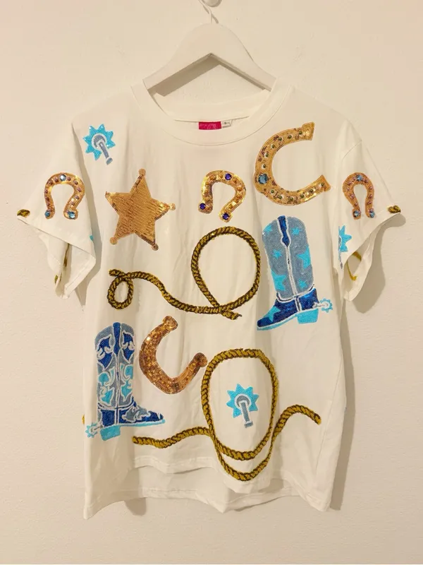 NEW Queen of Sparkles Cowgirl Icon Tee Sequin Blue White Size Small * - Image 2