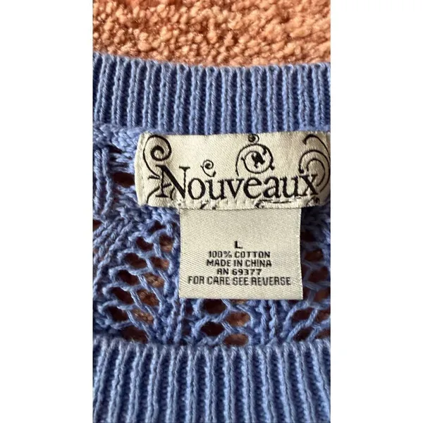 Nouveaux Blue Open Knit Lace Sweater Size L Bell Sleeve Cotton Boho - Image 2