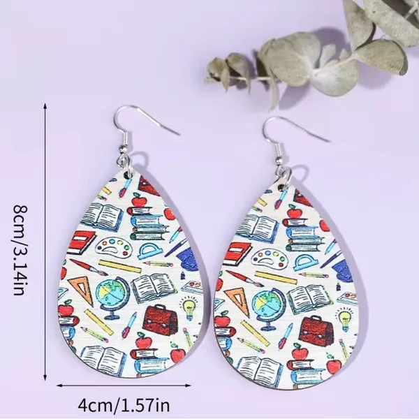 Teacher School Theme Waterdrop‎ Shaped Double-sided Print Wooden Earrings - Image 4