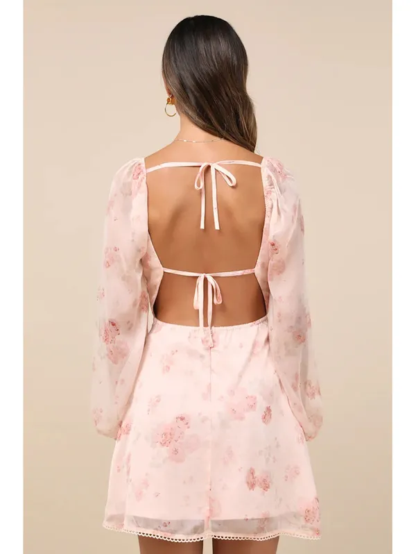 NWT Lulus Lovely Poise Light Pink Floral Tie-Back Long Sleeve Mini Dress Size M - Image 3