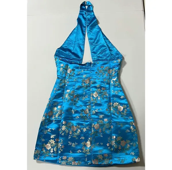 Blue Floral Satin Silk Criss-Cross Halter Mini Dress Size S 💙✨ - Image 5