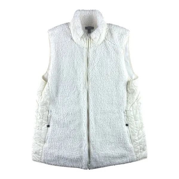 Talbots Womens Cream White Sherpa Fleece Quilted Trim Full Zip Vest Size M Soft - Image 2