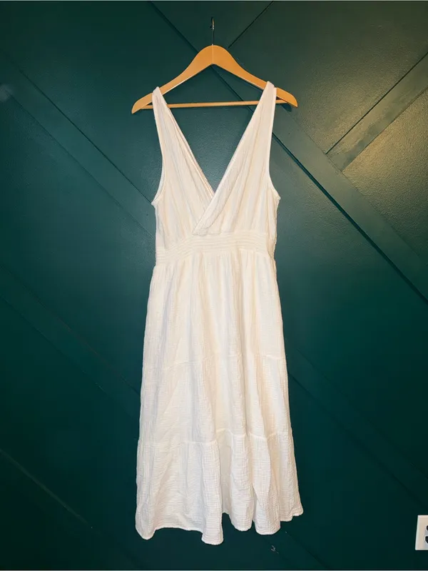White Gauze Midi Dress Boho Cottagecore V-Neck Tiered Coastal Casual Lightweight - Image 3