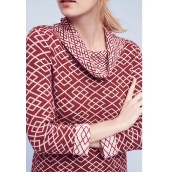 Anthropologie MOTH Galena Cowl Neck Sweater Maroon Pink Jacquard Geometric Small - Image 4