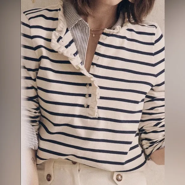 Sézane Gael Mariniere Striped Long Sleeve Top with Ruffles - Image 4
