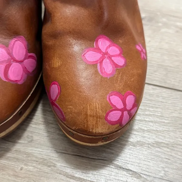 Madewell Leather Floral Clog Mules Women's 9 Brown Pink Wood Heel Y2K Boho - Image 3