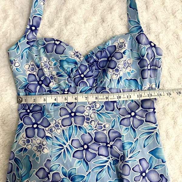 Vintage City Triangles Blue Floral Hawaiian Y2K 90s Coconut Girl Halter Dress 10 - Image 8