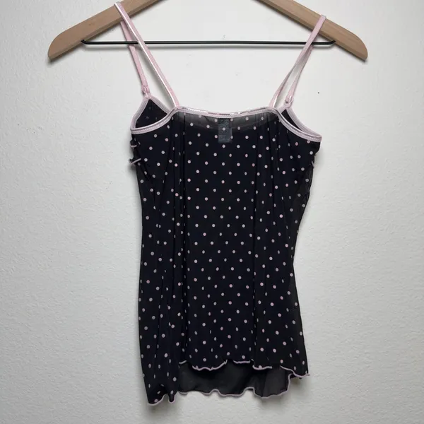 Women Baby Cami Top Small Black Pink Polka Dot Mesh Ruffle Trim Bow Y2K Indie - Image 3