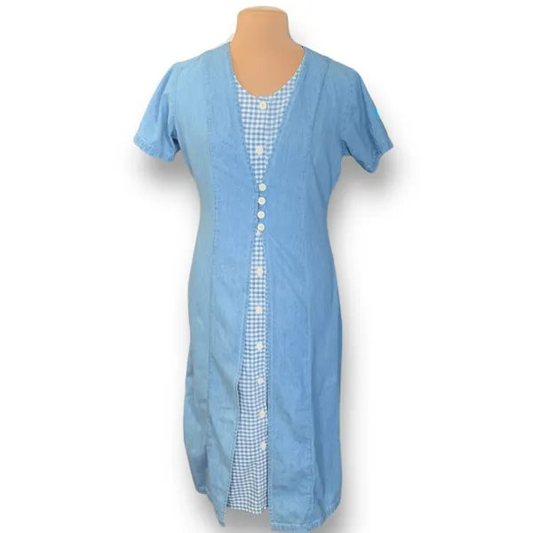 Vintage‎ 90s Chambray Gingham Plaid Midi Dress Button Front Cottagecore Medium Blue Size 10 - Image 11