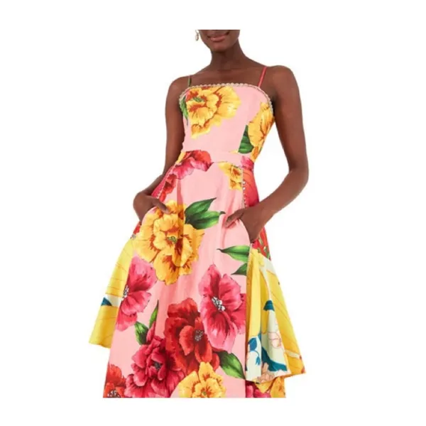 Farm Rio Chita Pink Floral Print Square Neck Tie Back Linen Midi Dress Size XS - Image 2