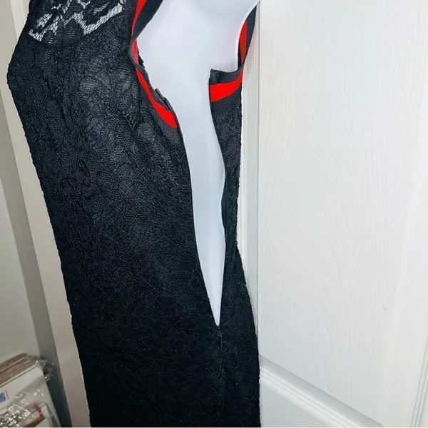 BAKU Fitted Black Lace Midi Dress Red Stripe Trim S - Image 7