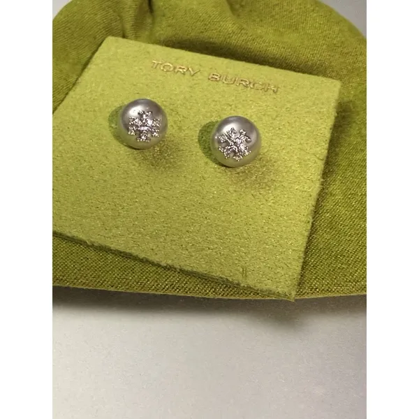 Tory Burch Moondance Pearl and Pavé Stacked T Logo Stud Earrings New Authentic - Image 5