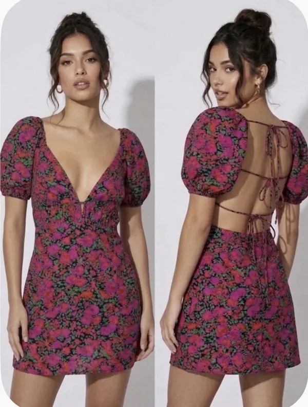 Hello Molly Floral Mini Dress Open Back Puff Short Sleeve Party Summer NWT 4 - Image 2