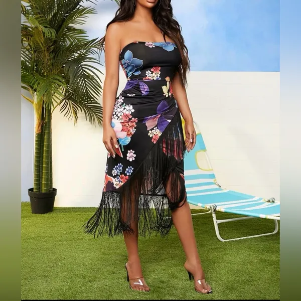 🟡Floral Print Fringe Tube Dress - Image 2