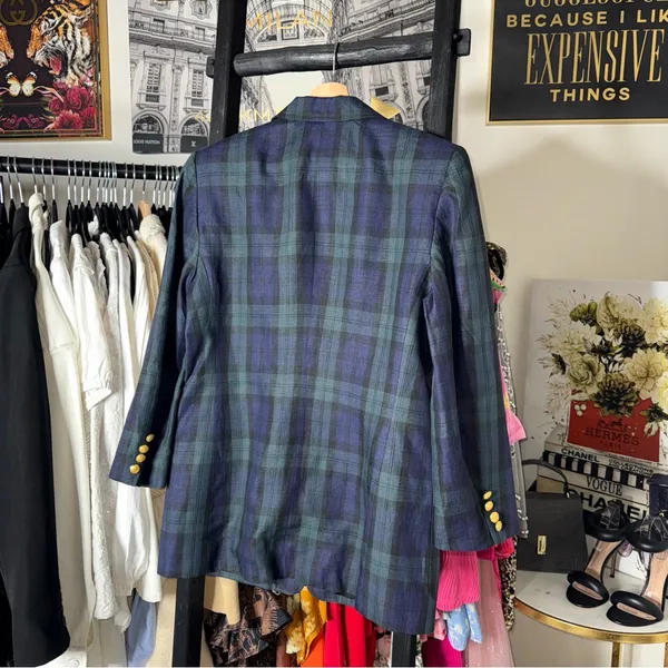 Lauren Ralph Lauren 10 Blue Green Tartan Plaid Linen Blazer Gold Crest Buttons - Image 7