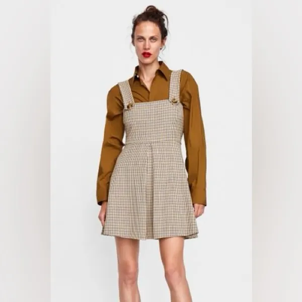 Zara plaid dress pinnafore size M gingham plaid mini dress - Image 3