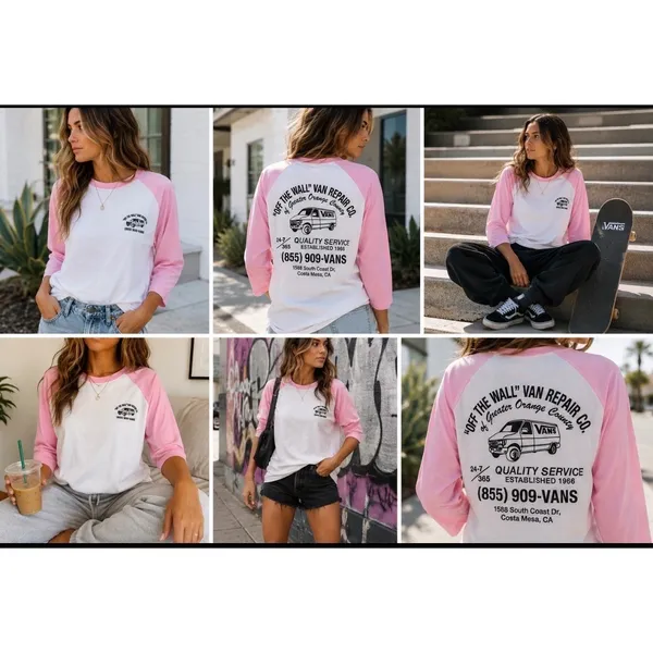 Vans Off The Wall Van Repair Co Raglan Tee Womens M Pink White Graphic Cotton - Image 13