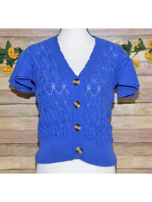 ANOTHER LOVE Size L Pointelle MIRA Flutter Sleeve Cardigan Sweater Cobalt Blue - Image 2