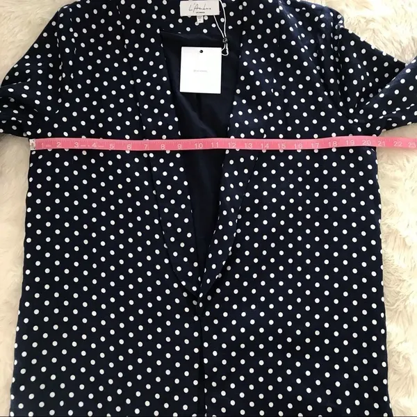 L’ACADEMIE Polka‎ Dot Linen Blazer Medium Navy Blue White Boyfriend Open Front - Image 13