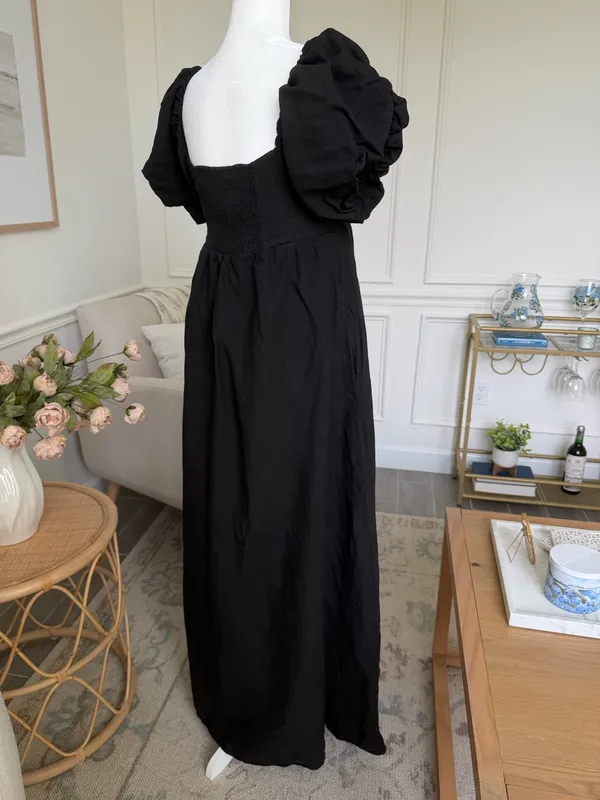 A. REN Candace Linen Maxi Dress Washed Black Puff Sleeve Smocked Back M - Image 11