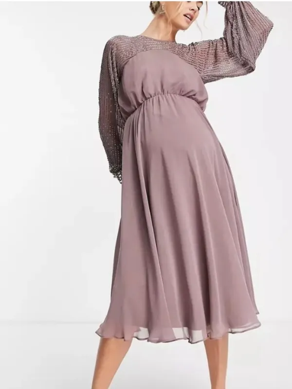 NEW ASOS DESIGN midi dress with linear yoke embellishment in mauve US 4 - Image 5